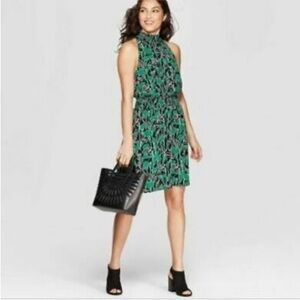 WOMEN'S FLORAL PRINT SLEEVELESS HALTER NECK DRESS MOCK EMERALD